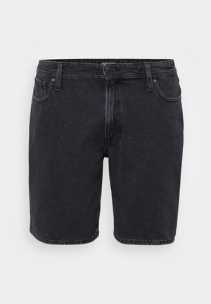 Bermuda nera in denim con un design classico, caratterizzata da una chiusura anteriore con bottone, passanti per cintura e cinque tasche. Texture leggermente sbiadita.