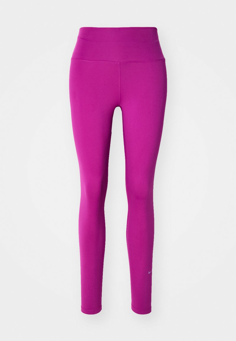 Leggings atléticos ajustados en un brillante color rosa, hechos de una tela suave y elástica con una cinturilla alta y un sutil logotipo en la parte inferior de la pierna.