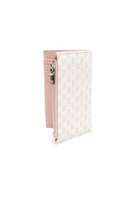 Novčanik s vanjskom površinom od blijedo ružičaste umjetne kože i bijele tkanine s uzorkom logotipa u reljefu, opremljen zatvaračem i utorima za kartice.