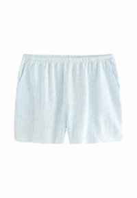 Pantaloni corti azzurri con strisce orizzontali bianche, dotati di una vita elasticizzata e tasche laterali. Tessuto morbido e leggero con una finitura testurizzata.