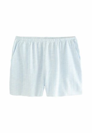 Pantaloni corti azzurri con strisce orizzontali bianche, dotati di una vita elasticizzata e tasche laterali. Tessuto morbido e leggero con una finitura testurizzata.