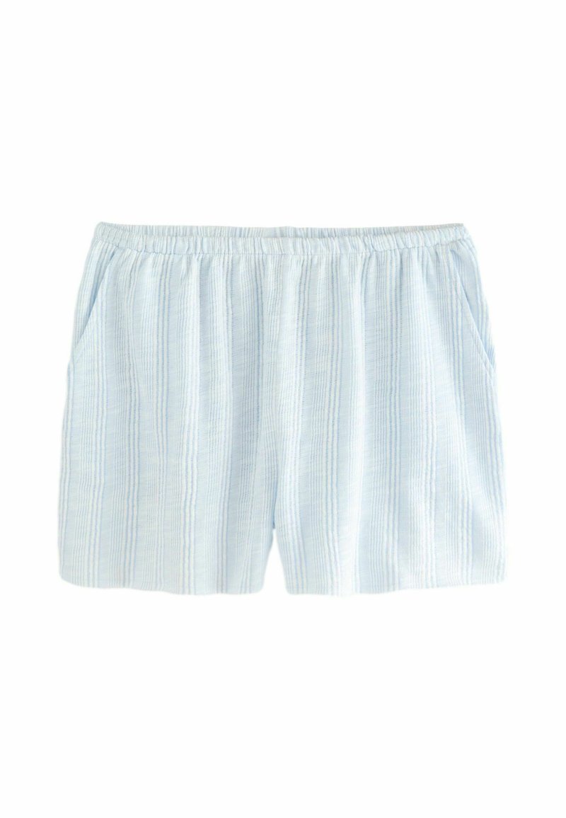 Pantaloni corti azzurri con strisce orizzontali bianche, dotati di una vita elasticizzata e tasche laterali. Tessuto morbido e leggero con una finitura testurizzata.