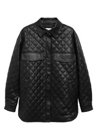 Czarna skórzana kurtka pikowana z zapięciem na guziki, dwoma kieszeniami na piersi i klasycznym kołnierzykiem. Gładka tekstura z diamentowym wzorem.