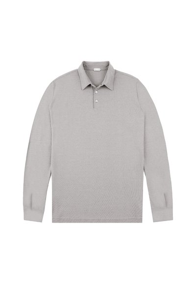 Lichtgrijze, lange mouwen polo shirt gemaakt van zachte stof, met een klassieke kraag, een drieknops sluiting en een structuur oppervlak.