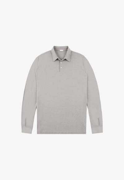 Lichtgrijze, lange mouwen polo shirt gemaakt van zachte stof, met een klassieke kraag, een drieknops sluiting en een structuur oppervlak.