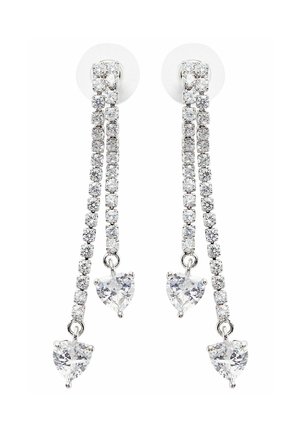 Silver-tone earrings featuring a cascading design with clear gemstones, heart-shaped accents, and a delicate chain link.