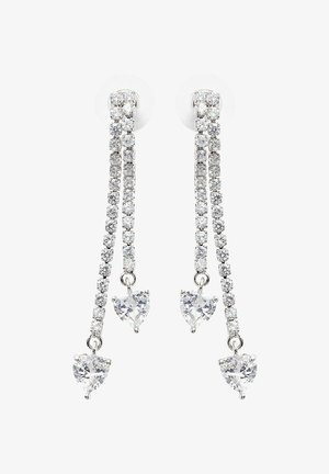 Silberfarbene Ohrringe mit einem kaskadierenden Design, klaren Edelsteinen, herzförmigen Akzenten und einer zarten Kettenverschnüpfung.