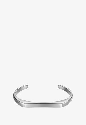 Srebrna manšeta z gladkim, minimalističnim dizajnom. Ima zaobljene robove in ravno površino. Brez okrasnih elementov ali vidnih vzorcev.