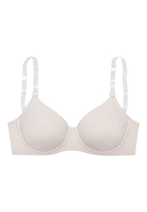 Beige underwire bra with molded cups and adjustable transparent straps on a white background.