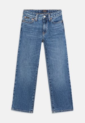 Modré džíny s rovnými nohavicemi, pěti kapsami, zapínáním na knoflíky a značkou Polo Ralph Lauren na pase a malém kapse.