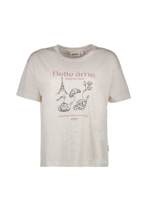 T-shirt crème à manches courtes et coupe décontractée. Présente des graphismes en contour noir de la Tour Eiffel, d'un croissant et de fleurs, avec un texte en rose.