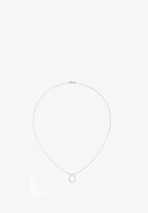 Srebrny naszyjnik z cienkim łańcuszkiem i wiszącym wisiorem w kształcie kropli. Wisiorek jest gładki i minimalistyczny, prezentując prosty design.