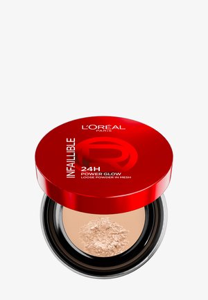 Behållare til løst pudder med rød låg og sort bund. Indeholder lysebeige pudder i et netrum. Mærke: L'Oréal Paris.