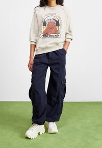 Beige sweatshirt med ett björnmotiv och "Adidas"-logga, tillsammans med marinblå cargobyxor och vita chunky sneakers. Grön bakgrund.
