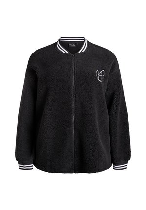 Black fleece jacket with full front zipper, striped ribbed collar and cuffs, and small white embroidered logo on the chest.