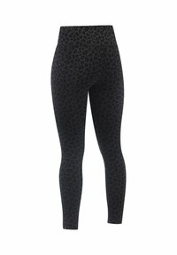 Zwarte leggings met een subtiele luipaardprint, hoge tailleband en een gladde, rekbare textuur die geschikt is voor active wear.