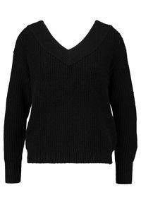 Zwarte gebreide trui met een brede V-hals, lange mouwen en een geribbelde zoom. Bevat een textuurpatroon door de hele stof.