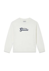 Pull blanc en tissu doux avec un col et des poignets côtelés, orné d'un logo "Guess" marine brodé au centre.
