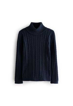 Pull à col roulé en maille torsadée bleu marine à manches longues, posé à plat sur un fond blanc.