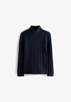 Granatowy, grubodrutowy sweter z golfem i długimi rękawami, ułożony na płasko na białym tle.