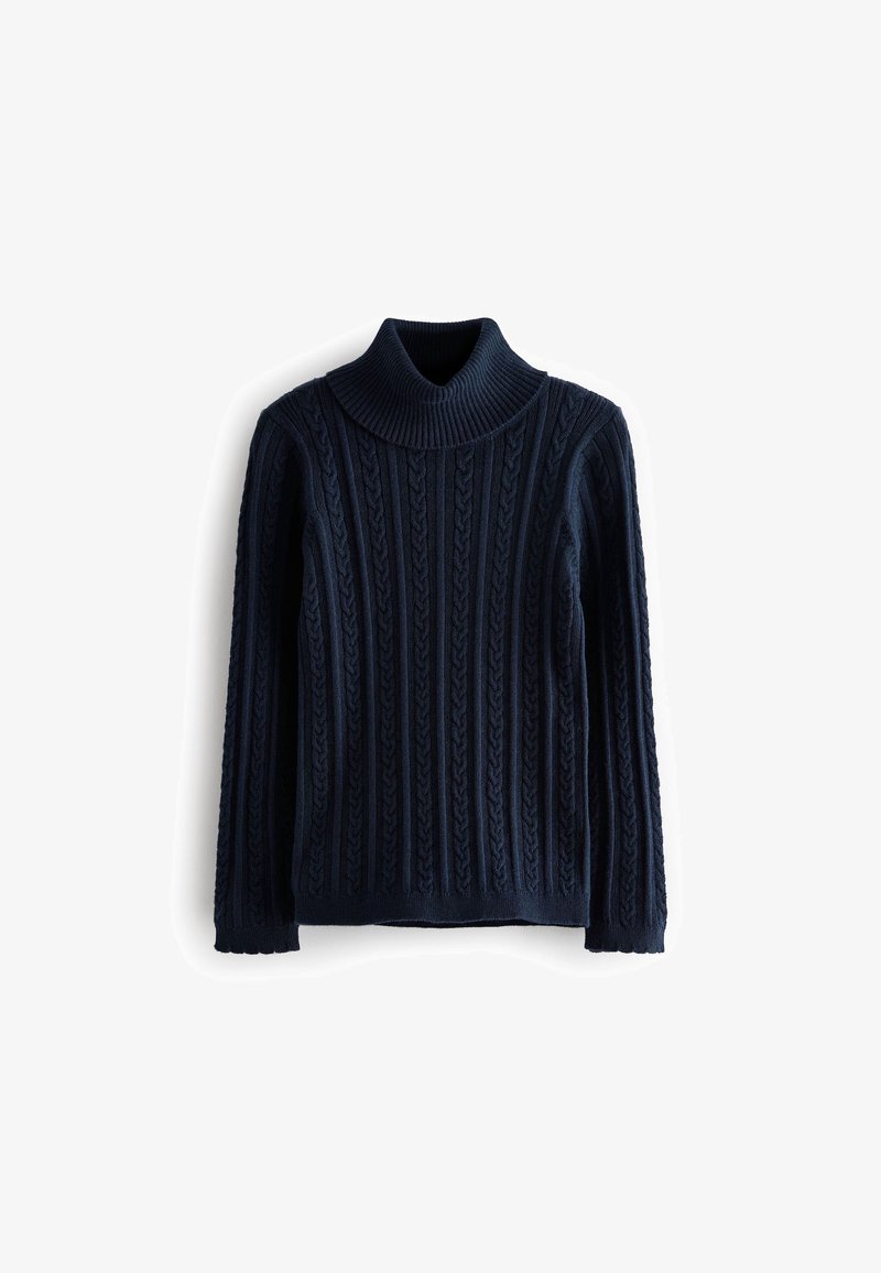 Pull à col roulé en maille torsadée bleu marine à manches longues, posé à plat sur un fond blanc.