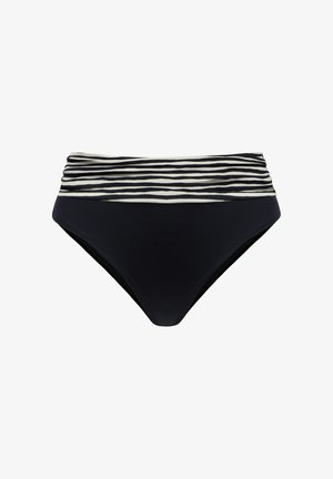 Czarne majtki od bikini z podwójnym paskiem w pasie ozdobionym czarno-białymi poziomymi paskami w zebrę.