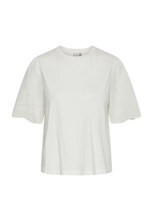 T-shirt branca de algodão com mangas curtas e bufantes, apresentando padrões florais bordados e detalhes de ilhós nas mangas. Design clássico de gola redonda.