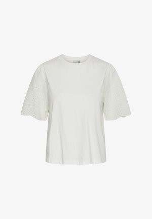 White cotton t-shirt with short, puffed sleeves featuring embroidered floral patterns and eyelet details on the sleeves. Standard crew neck design.