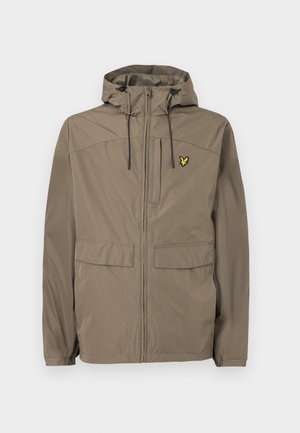 Khaki hooded jacket with front zipper, two flap pockets, chest zip pocket, black drawstrings, and yellow bird logo on left chest.