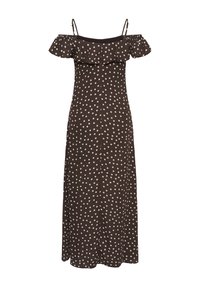 Robe maxi marron à épaules dénudées avec des pois blancs et un détail à volants sur la poitrine ainsi que des fines bretelles.