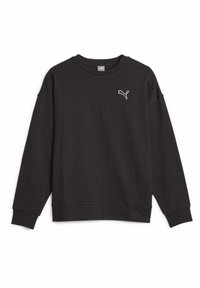 Felpa nera realizzata in misto cotone; presenta un colletto rotondo, maniche lunghe e un logo Puma bianco sul lato sinistro del petto.