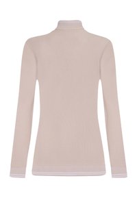 Langärmelig, geripptes Rollkragenshirt in sanftem Beige mit kontrastierendem, weiß gestreiftem Kragen und Saum. Glatte Textur, figurbetontes Design.