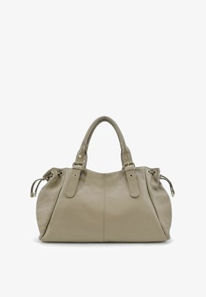 Sac à main en cuir gris avec double poignées, une texture douce et des accents de quincaillerie en or. Comprend une fermeture à cordon et des détails de couture subtils.
