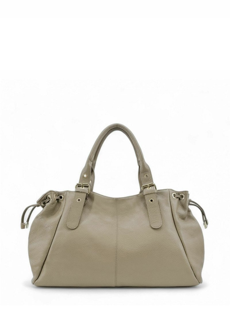 Sac à main en cuir gris avec double poignées, une texture douce et des accents de quincaillerie en or. Comprend une fermeture à cordon et des détails de couture subtils.