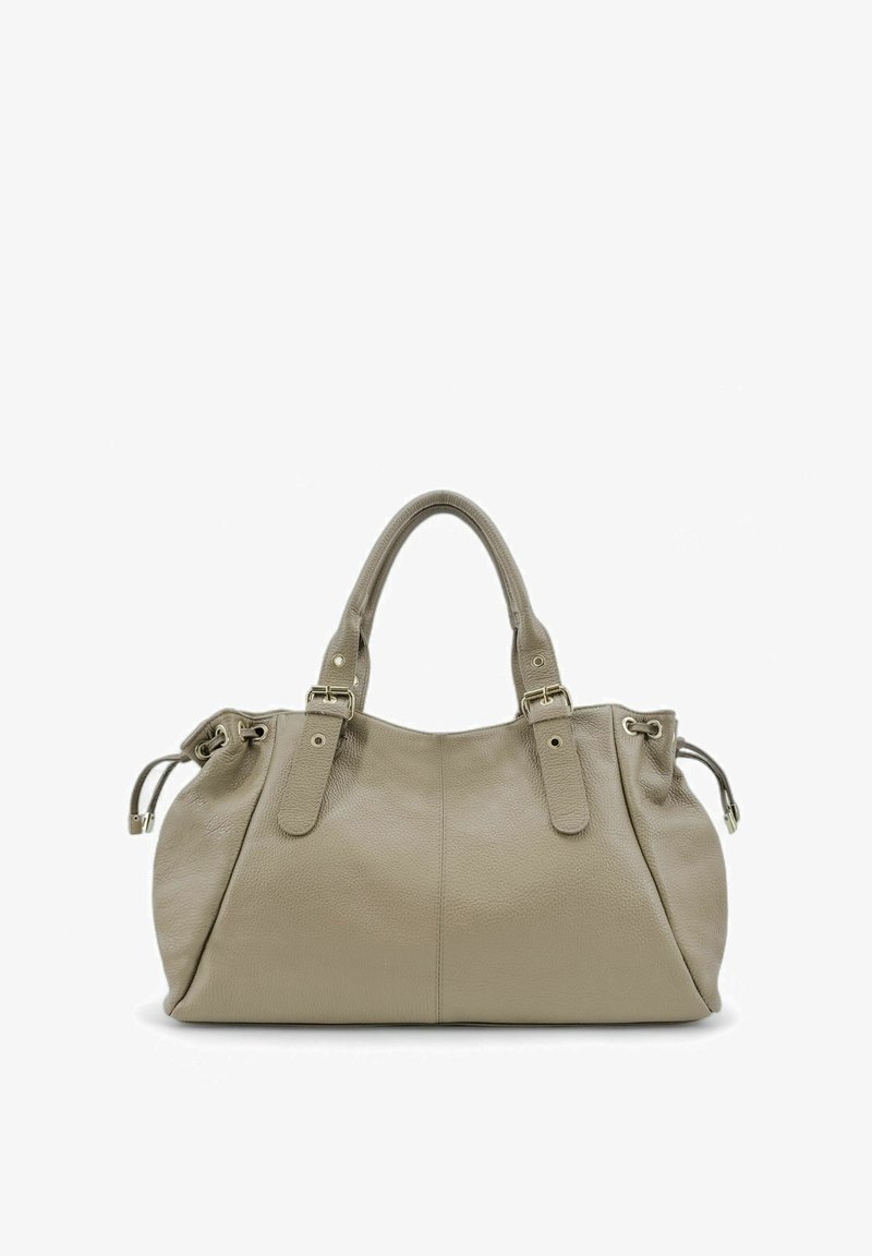 Sac à main en cuir gris avec double poignées, une texture douce et des accents de quincaillerie en or. Comprend une fermeture à cordon et des détails de couture subtils.