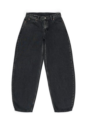Zwarte denim jeans met een losse pasvorm, met een hoge taille, vijf zakken, koperen klinknagelaccenten en een lichte vervaagde textuur overal.