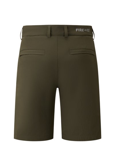 Olivgrüne Shorts mit glatter Textur, elastischem Bund und zwei Gesäßtaschen. Mit "FIRE + ICE"-Branding am Bund.