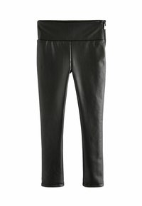 Leggings in similpelle nera con vita alta, design aderente, texture liscia e senza cuciture o decorazioni visibili.