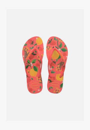 Bright coral flip-flops with green leaves, yellow lemons, and small flowers pattern, featuring textured straps and brand logo on footbed and straps.