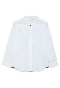 Valkoinen pitkähihaisessa puuvillapaidassa on klassinen kaulus, edessä nappisuljenta ja monivärinen korostus helmassa. Sileä rakenne.