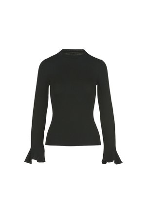 Black ribbed long-sleeve top with a fitted body and flared cuffs, featuring a crew neckline and smooth texture.