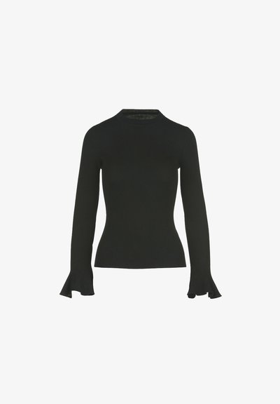 Fekete bordázott hosszú ujjú póló, testhezálló szabással és fodros ujjakra, kerek nyakkivágással és sima textúrával.