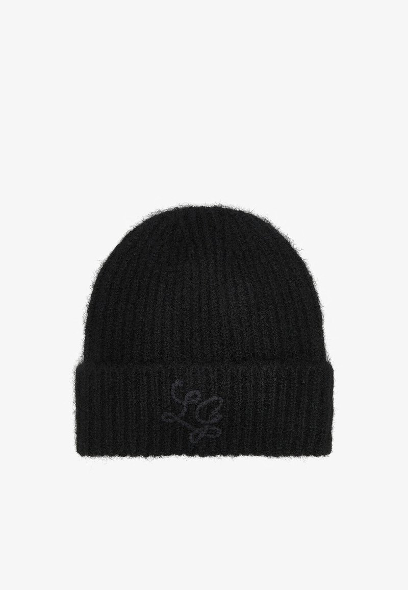 Bonnet en maille côtelée noire avec un revers plié et un logo brodé discret sur le revers avant.