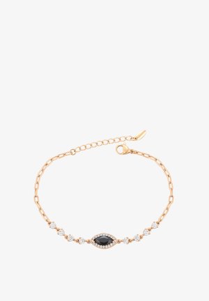 Ruusukullan värinen rannekoru, jossa on soikea musta kivilaatta keskellä, ympärillä pieniä kirkaita kiviä, ja siinä on herkkä ketju, jossa on rapukoukkulukko.