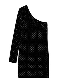 Rochie din catifea neagră cu un mânecă lungă, decorată cu buline argintii distribuite uniform pe întreaga țesătură. Silueta este ajustată.
