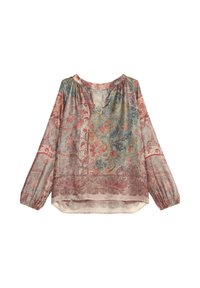Bluză cu mâneci lungi dintr-un material ușor, cu un model. Prezintă un decolteu în formă de V și manșete elastice, predominant în nuanțe de roz deschis, albastru și roșu.