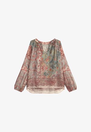 Langärmlige Bluse aus leichtem, gemusterten Stoff. Mit einem V-Ausschnitt und elastischen Bündchen, überwiegend in sanften Rosa-, Blau- und Rottönen.