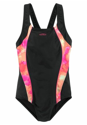 Maillot de bain noir une pièce avec bretelles réglables, présentant des panneaux latéraux abstraits rose et orange. Texture lisse, coupe athlétique et couverture modeste.