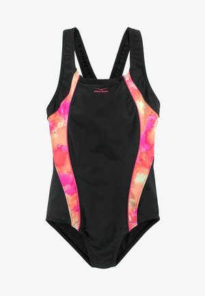 Maillot de bain noir une pièce avec bretelles réglables, présentant des panneaux latéraux abstraits rose et orange. Texture lisse, coupe athlétique et couverture modeste.