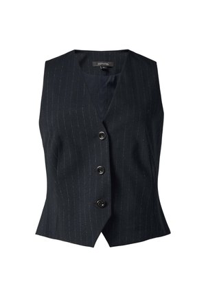Marineblauw vest met streepdessin, een getailleerd ontwerp, v-hals en vijf zwarte knopen aan de voorkant, die het slanke materiaal en de op maat gemaakte vorm benadrukken.